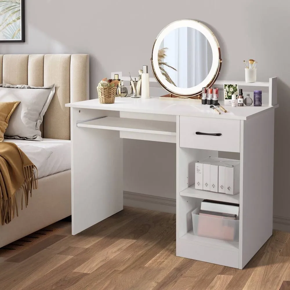 Costway Wooden Computer Desk W/ Keyboard Tray Writing Workstation Vanity Table in White 4