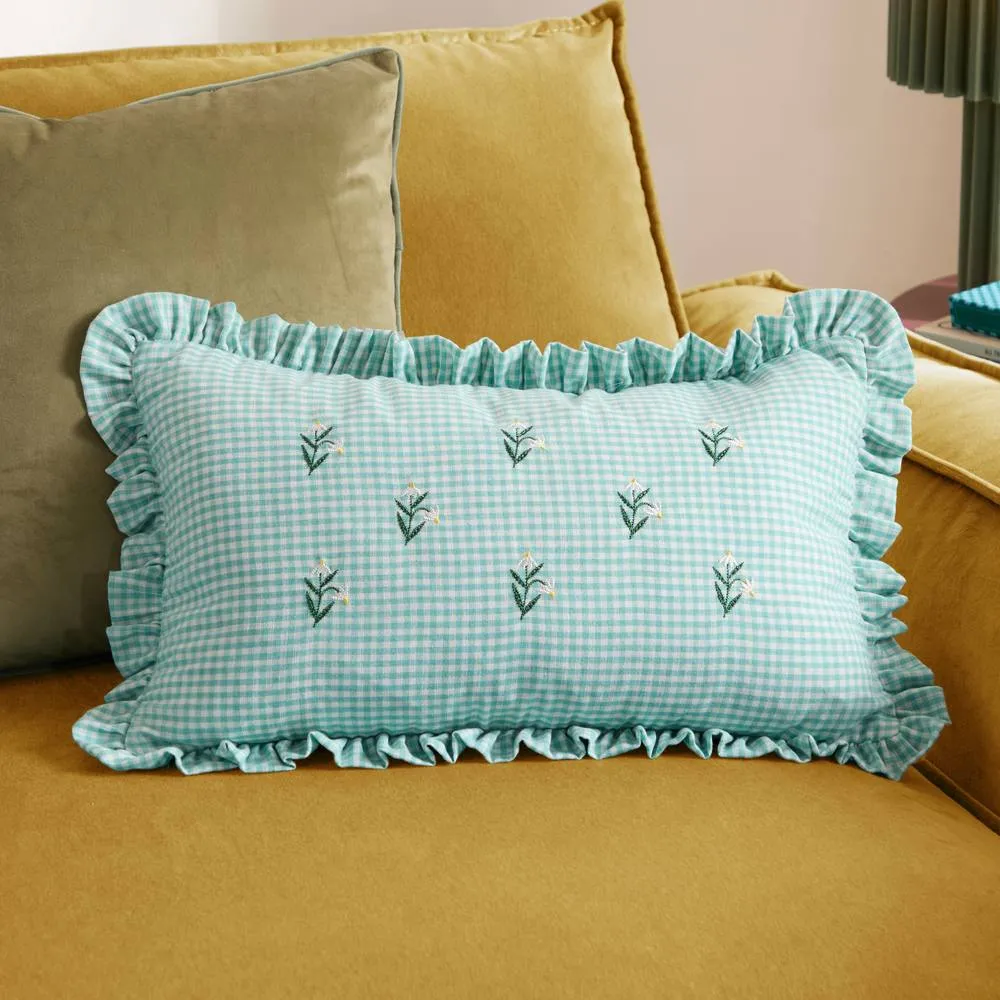 Furn Les Petite Fleurs 100% Cotton Gingham Ruffle Cushion in Green