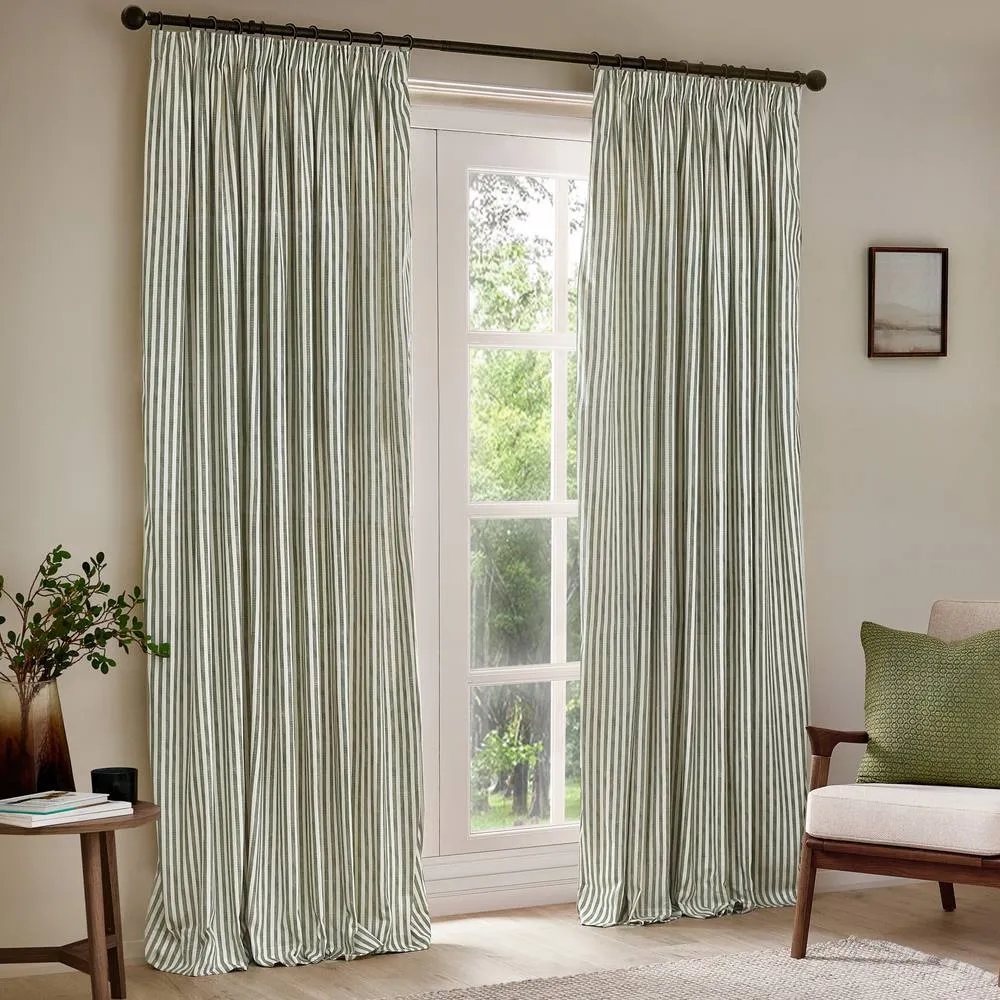 Yard Hebden Striped 100% Cotton Lined Pencil Pleat Curtain Pair in Bottle Green 2