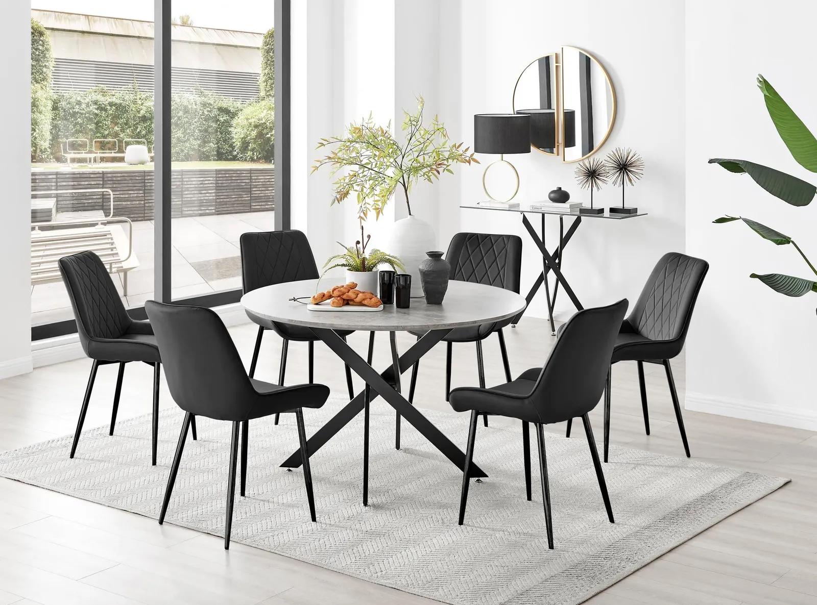 FurnitureboxUK Novara Grey Concrete Effect Black Leg 120cm Round Dining Table & 6 Pesaro Black Leg Chairs 1