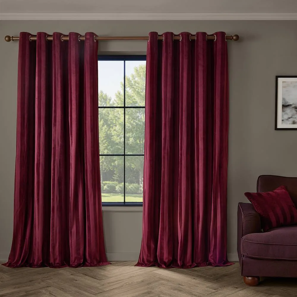 Paoletti Regency Stripe Velvet Fully Lined Eyelet Curtain Pair in Burgundy 2