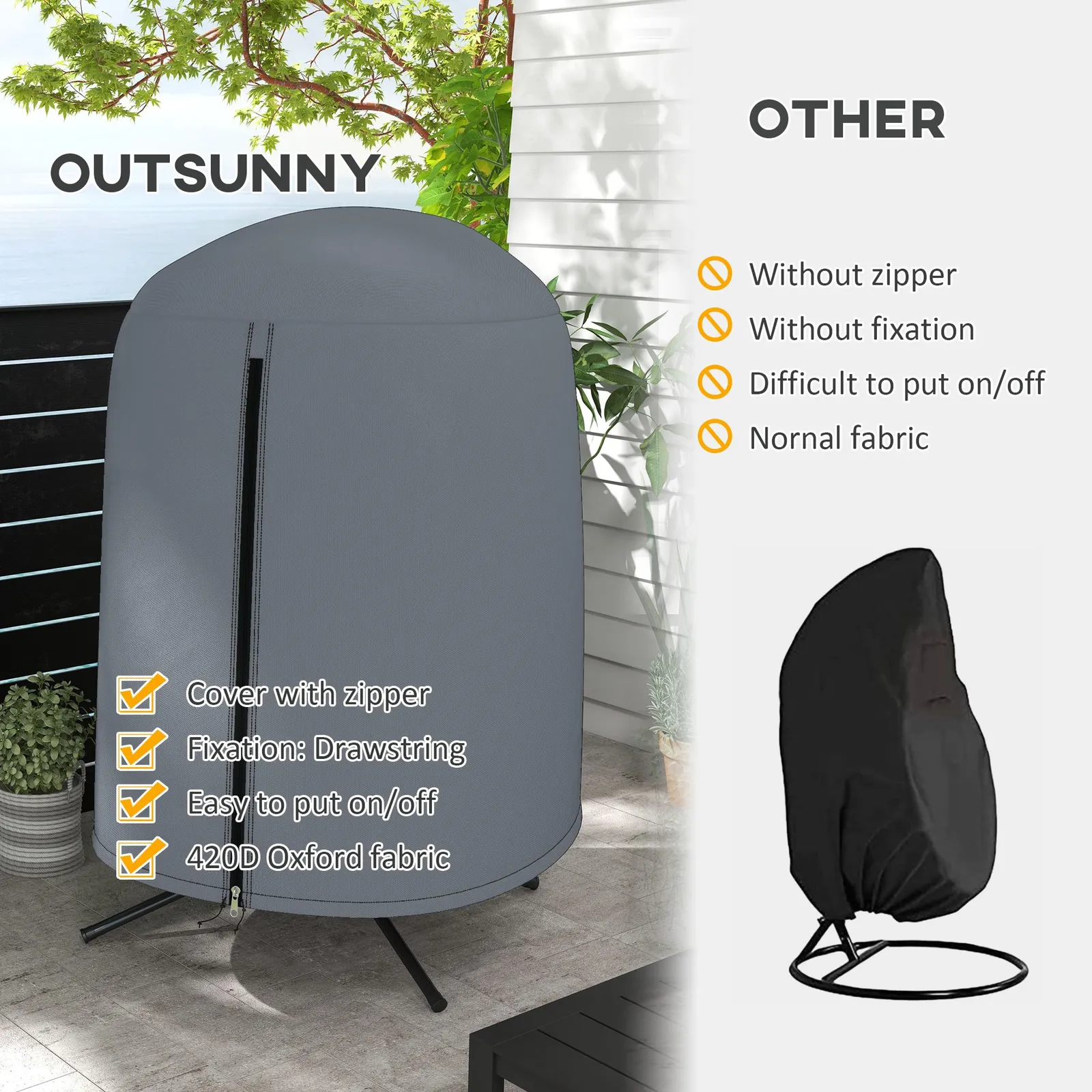 OUTSUNNY Hanging Egg Chair Cover Outdoor Swing Chair Cover Waterproof, Grey 6