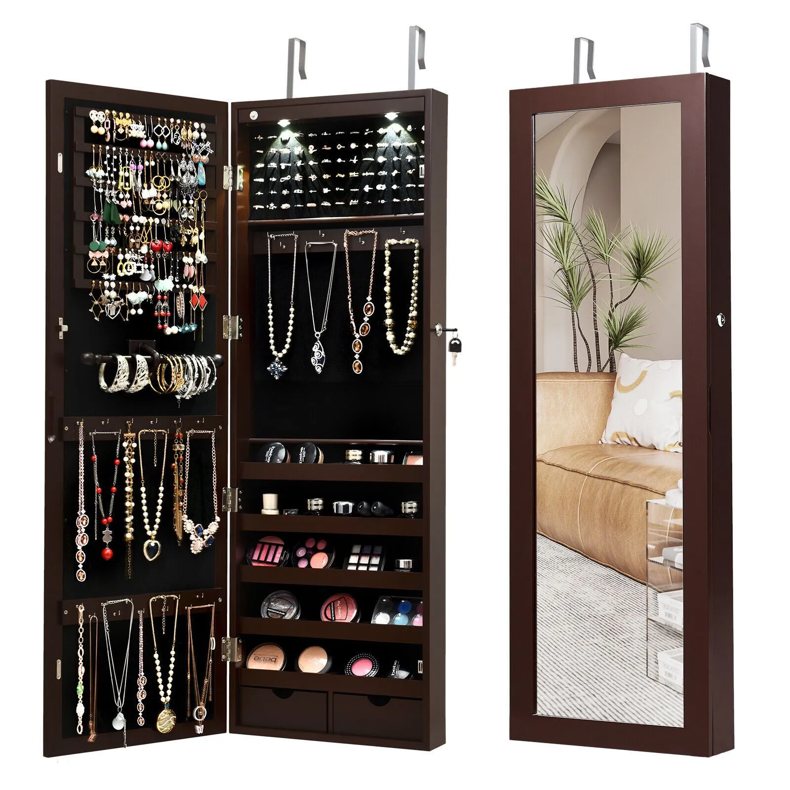 Costway Wall/Door Mounted Jewelry Armoire Organizer Full-length Mirror Storage Cabinet in Brown 4