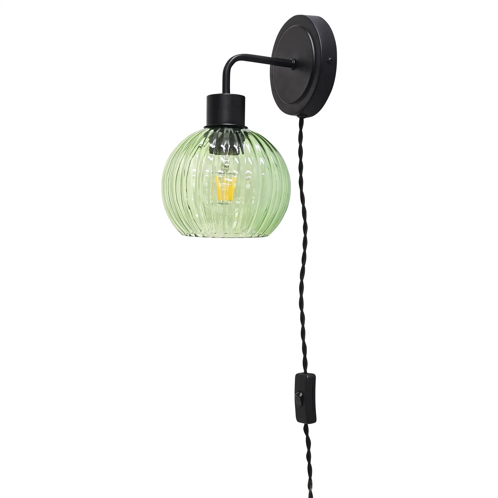 First Choice Lighting Set of 2 Toby - Black Plug in Wall Lights Green Ribbed Shades 2