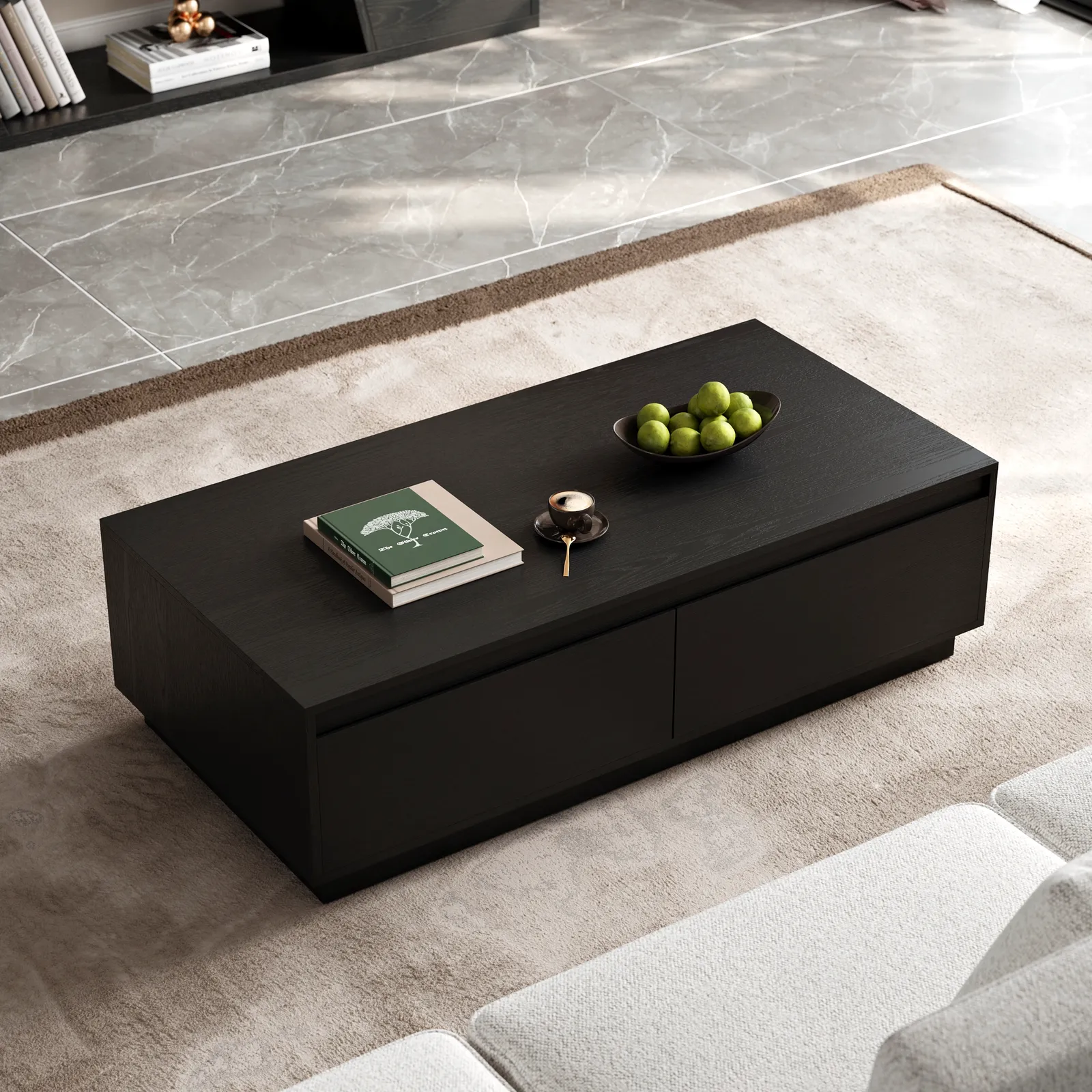 1200mm Mid Century Modern Black Coffee Table Rectangular Block Living Room Table with Storage