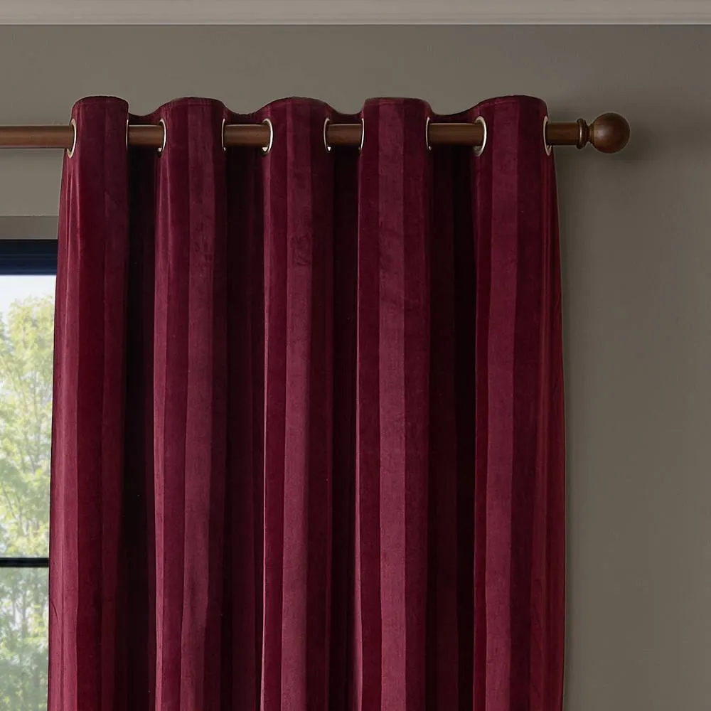 Paoletti Regency Stripe Velvet Eyelet Curtain Pair Burgundy 117Cm Width 137Cm Drop, Red 3