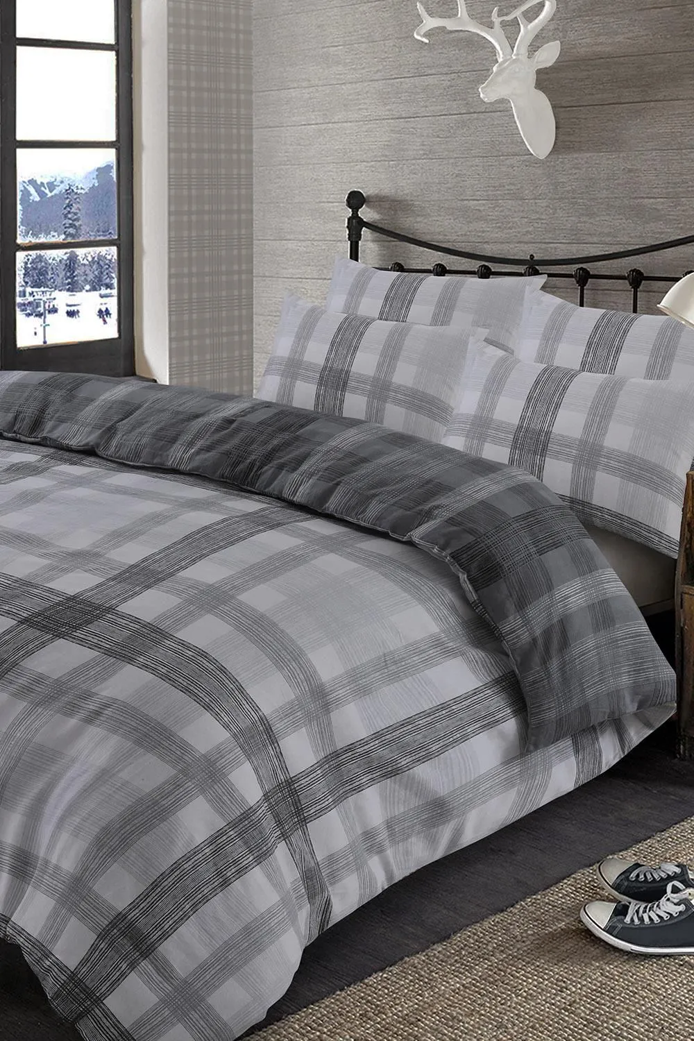 OHS Boston Brushed Cotton Duvet Cover Pillowcase Bedding Set in Grey