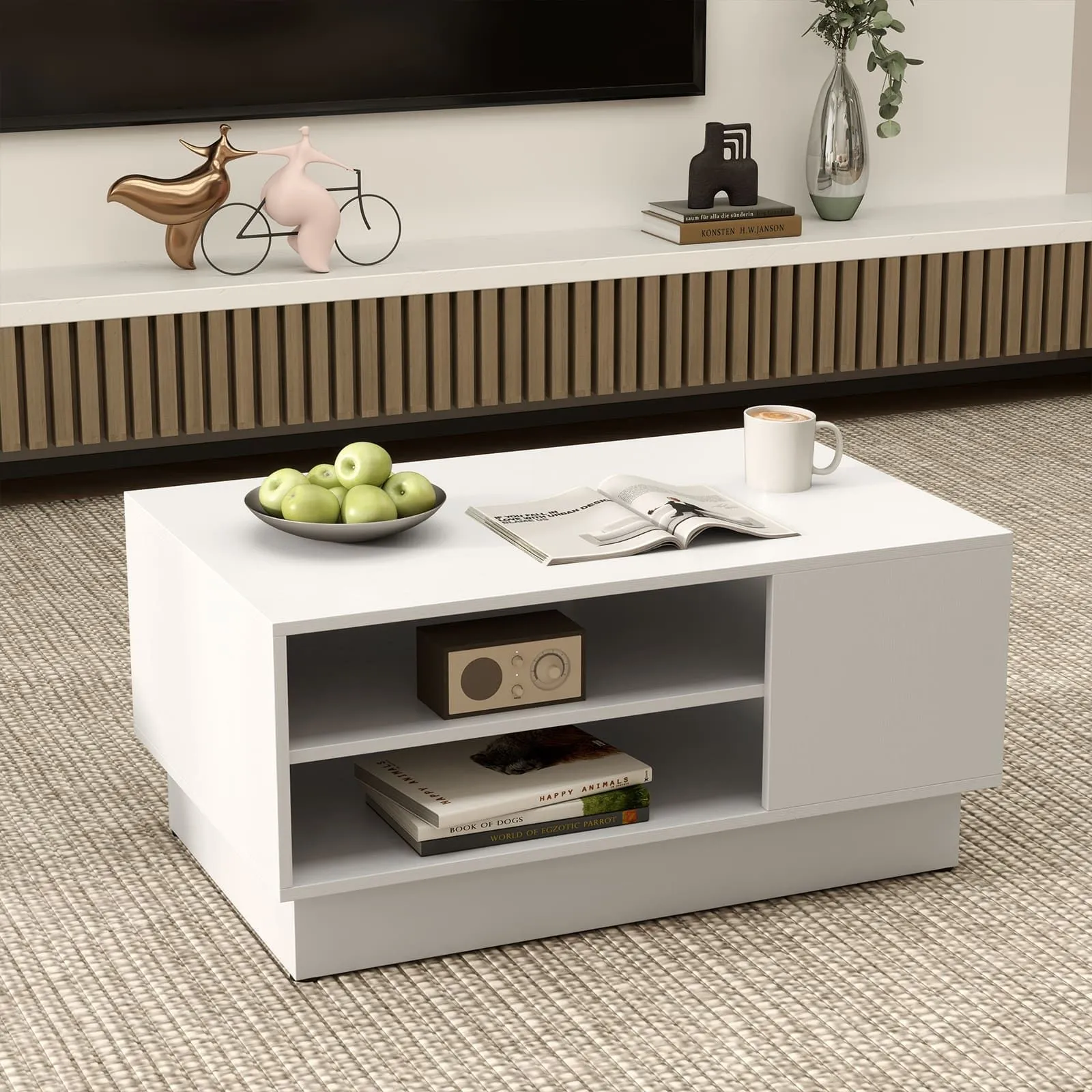 Costway Modern Coffee Table 86cm Long Rectangle Center Table w/ Storage Shelves in White 5