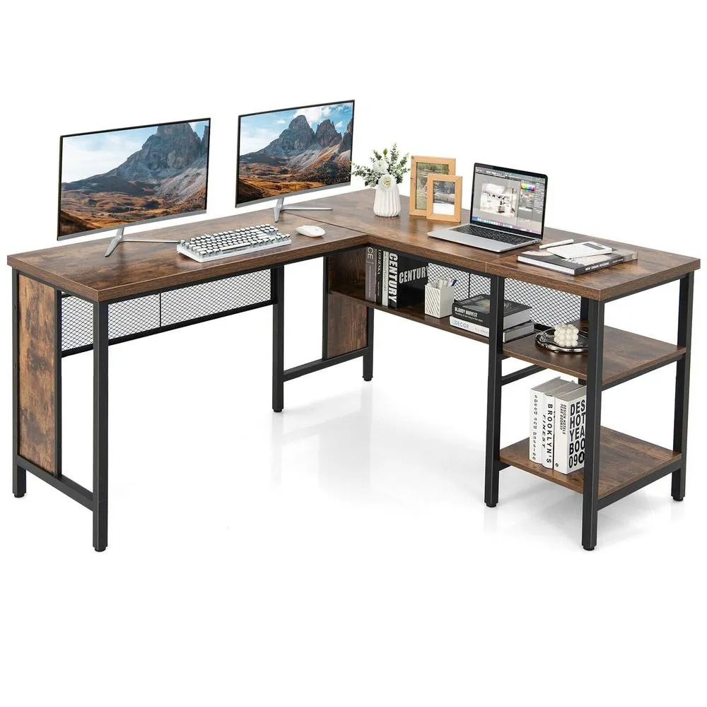 Costway L-Shaped Corner Computer Desk 150cm Large Corner Desk Workstation 2-Tier Shelves in Brown