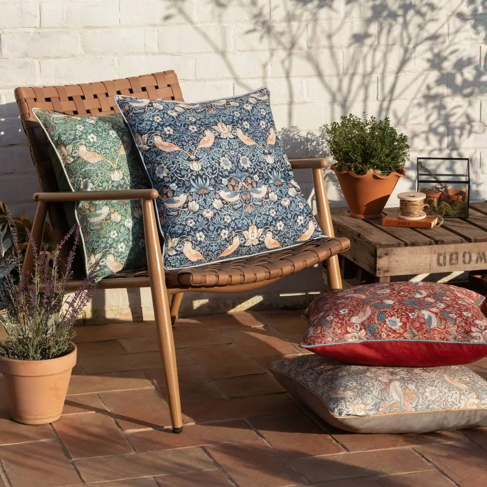 Morris & Co Strawberry Thief Piped Outdoor Cushion in Indigo 6
