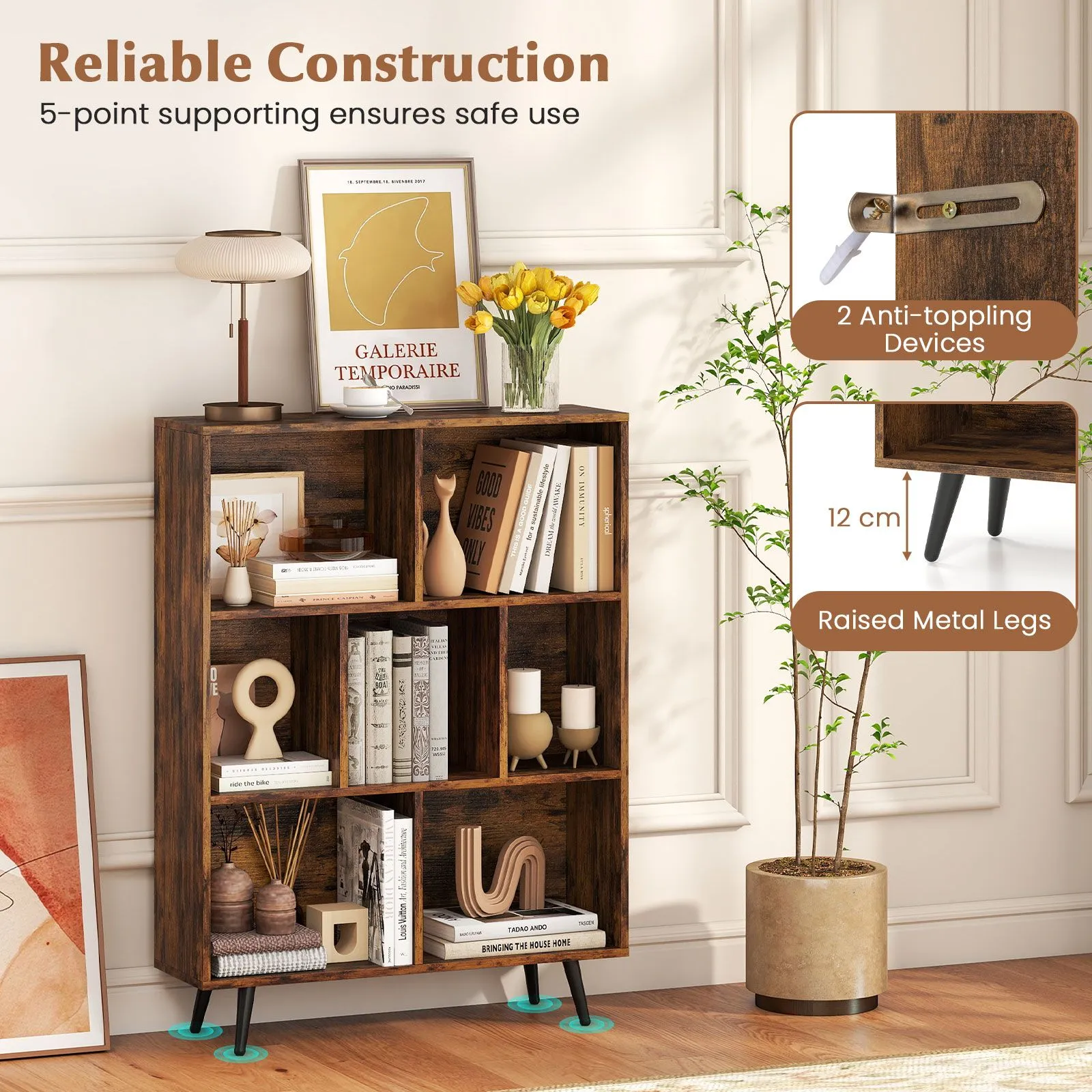 Costway 7-Cube Bookcase Mid Century Modern Storage Organizer in Brown 5