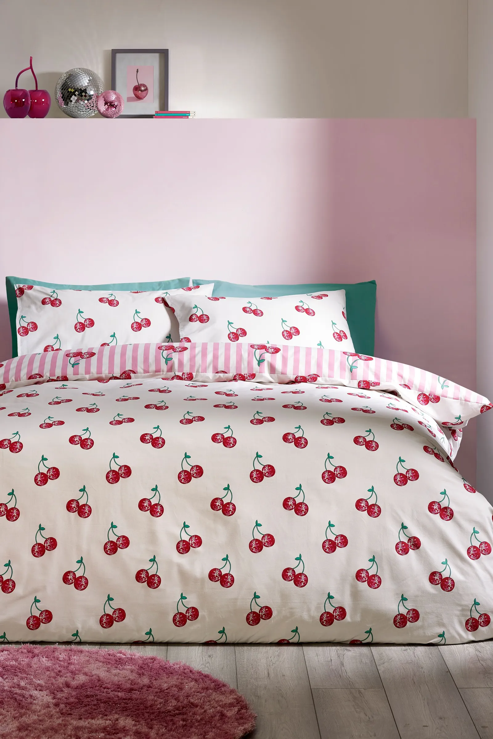 Catherine Lansfield 'Disco Cherries Stripes' Reversible Duvet Cover Set in Pink 2