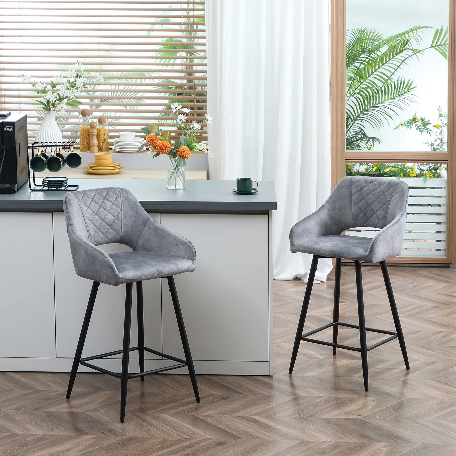 HOMCOM Stools Set of 2, Velvet-Touch Fabric Counter Height Bar Chairs in Grey 1
