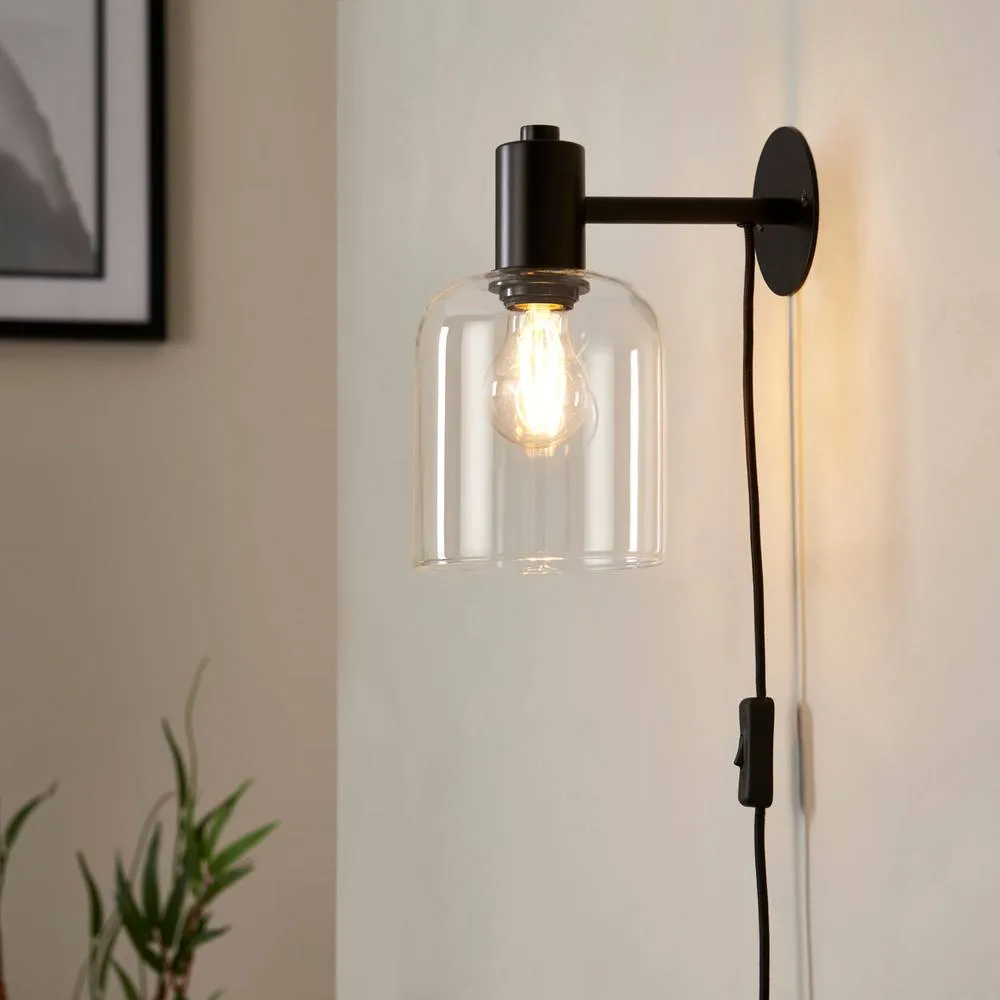 First Choice Lighting Set of 2 Maxton - Black with Clear Glass Plug In Wall Lamps 6