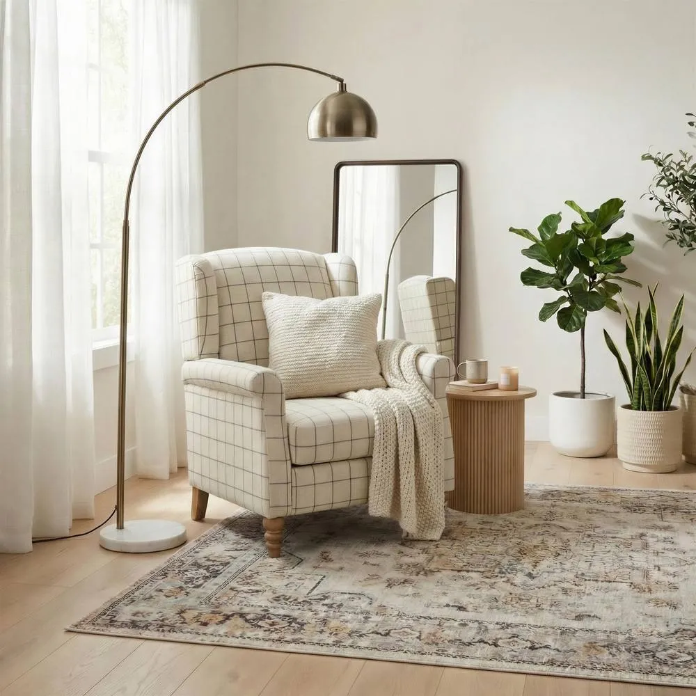 FurnitureboxUK Maisette Cream Check Fabric Wingback Accent Armchair