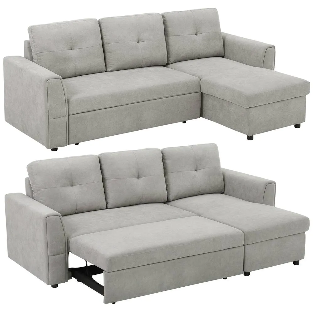 HOMCOM Linen-Look L-Shaped Sofa Bed with Storage Bed Sleeper Flat Studio in Grey