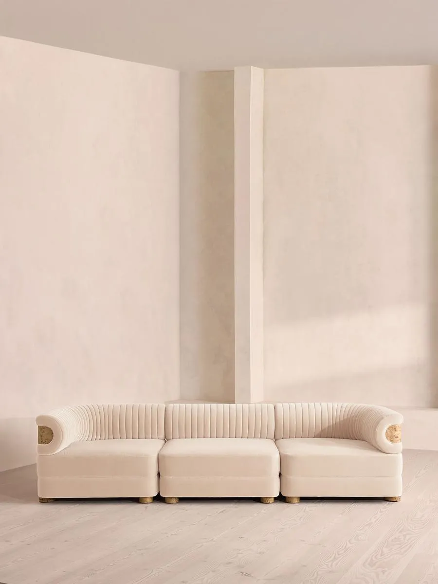Caleb Modular Four Seater Sofa, Velvet, Porcelain, Blonde Burl