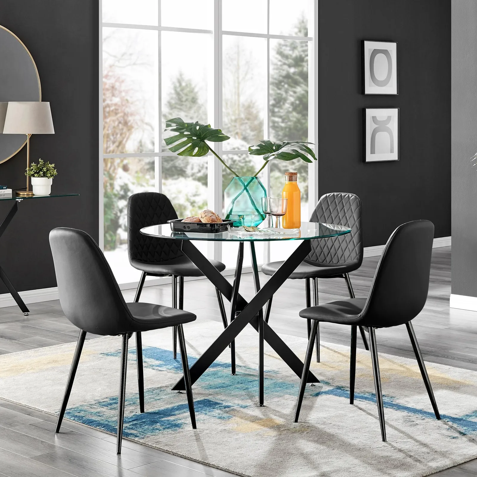 FurnitureboxUK Novara 4 Seater Black Leg Round Glass Dining Table & 4 Corona Faux Leather Black Leg Chairs 1
