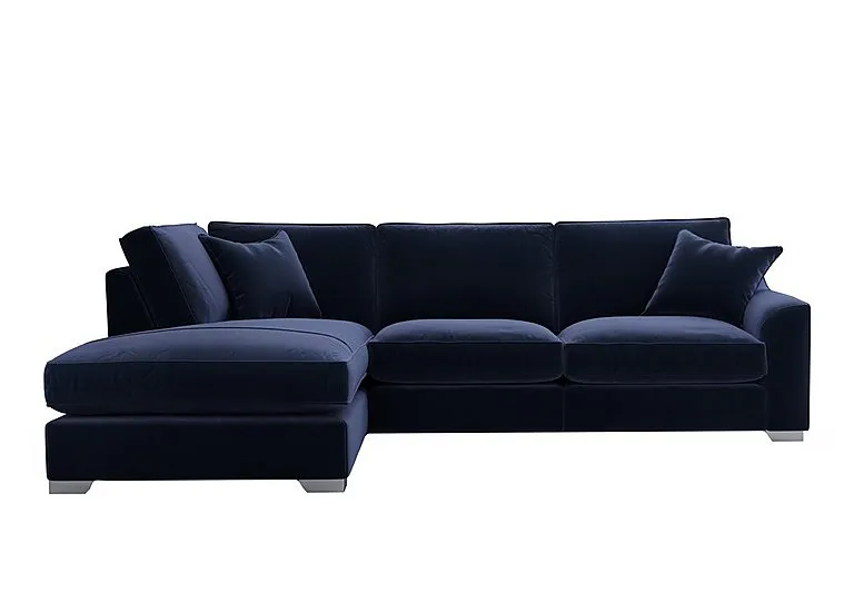 Isobel Fabric Left Hand Facing Corner Fibre Fill Sofa with Chaise End - Midnight Indigo with Chrome Feet