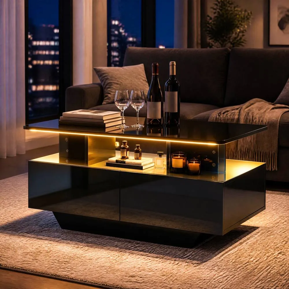 Costway Coffee Table 20-Colour Lighted High Glossy Center Table With 2 Drawers in Black 4