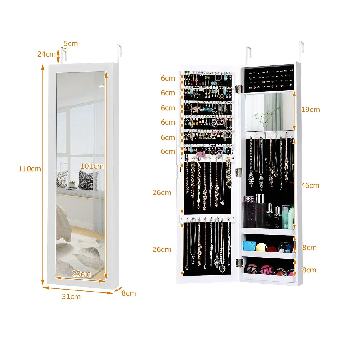 Costway Wall Mounted Jewelry Cabinet Jewelry Armoire w/Full-Length Mirror in White 2