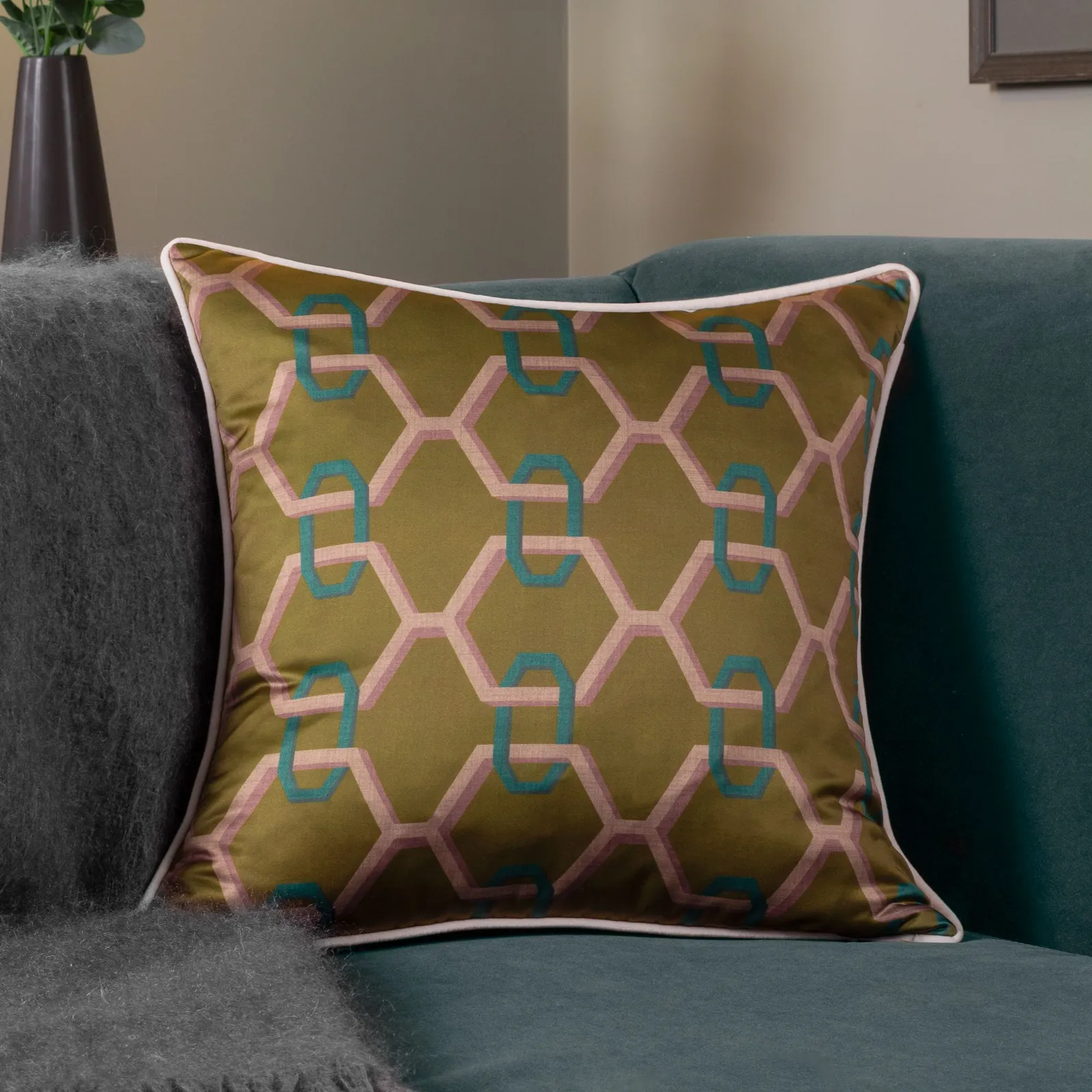 Paoletti Carnaby Chain Geometric Satin Cushion in Bronze 1
