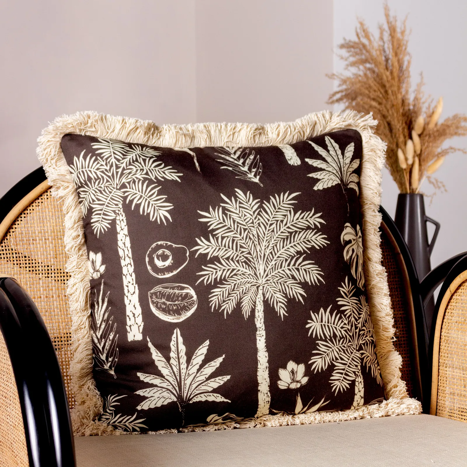 Paoletti Colonial Palm Tropical Fringed Cushion in Black