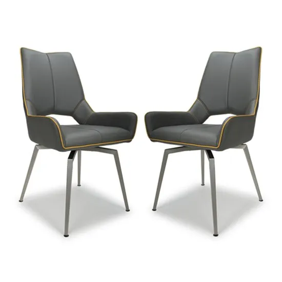 Mako Swivel Leather Effect Graphite Grey Dining Chairs In Pair