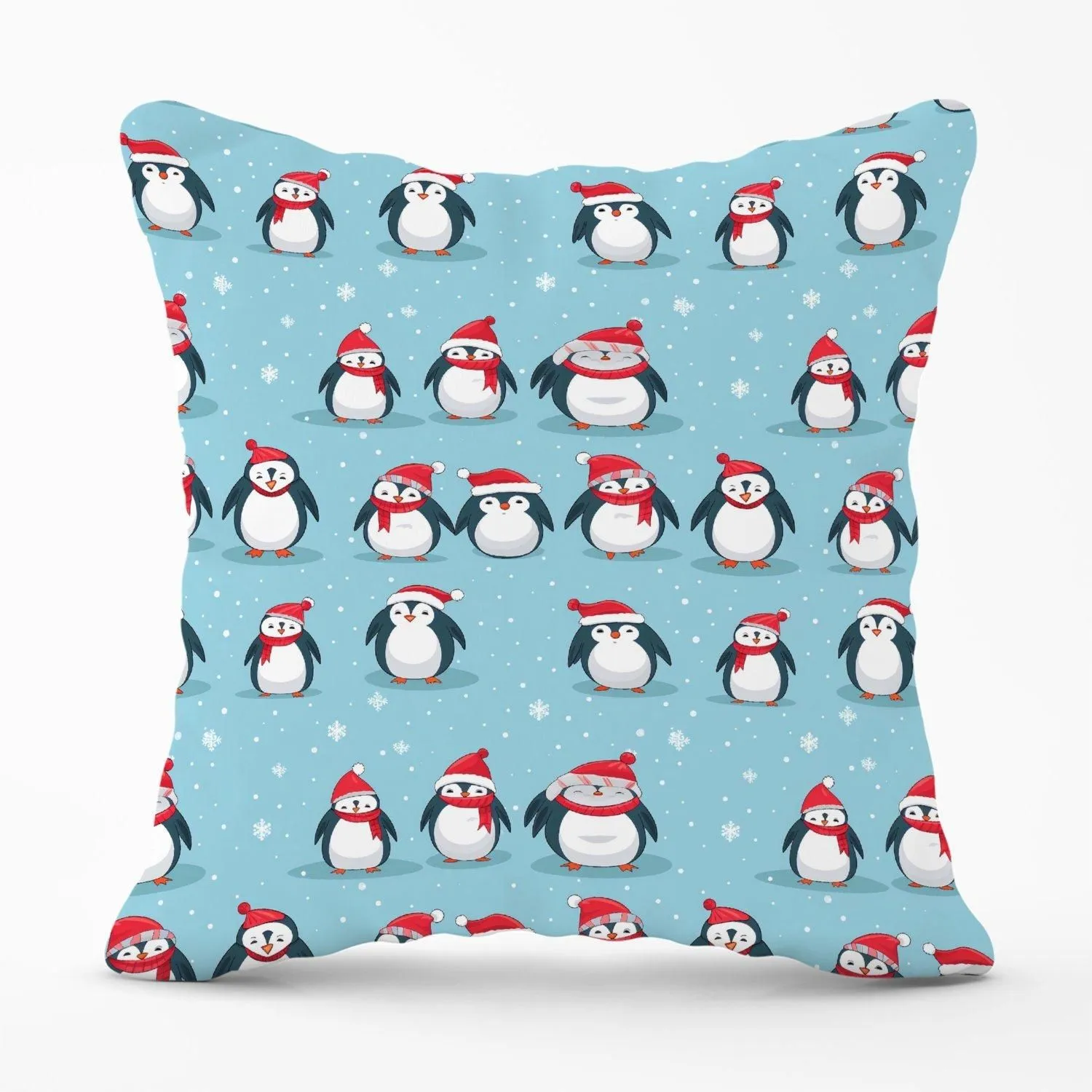 Warren Reed - Designer Adorable Santa Penguins Outdoor Cushion in Blue