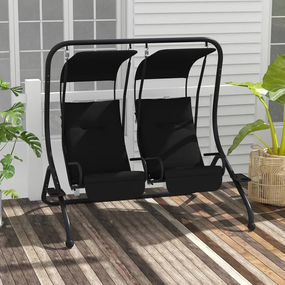OUTSUNNY Canopy Swing 2 Separate Relax Chairs w/ Handrails, Cup Holders in Black