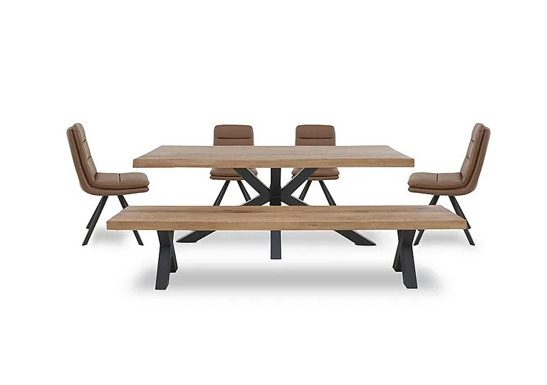 Njord Raw Edge Dining Table with Metal Star Base, Bench and 4 Tan Faux Leather Swivel Chairs - 220-cm - Old Bassano