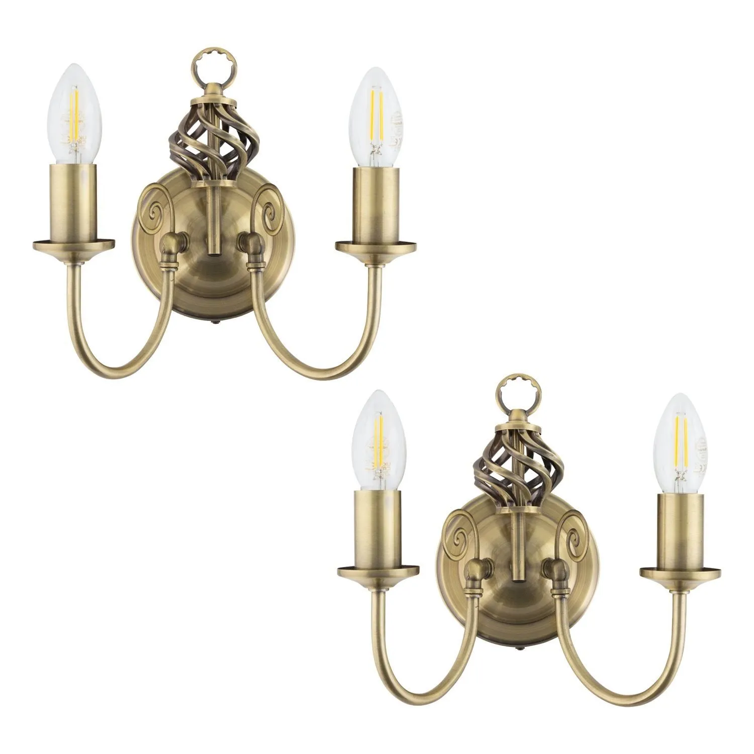 First Choice Lighting Set of 2 Barley Twist - Antique Brass Wall Lights in Gold