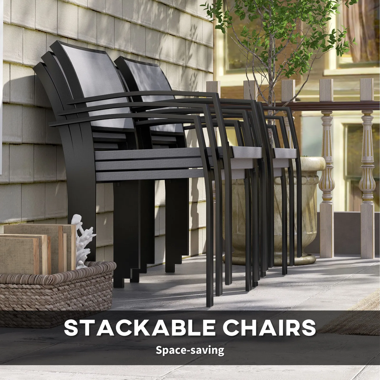 OUTSUNNY 5 Piece Garden Furniture Set with 4 Stackable Armchairs, Grey 4