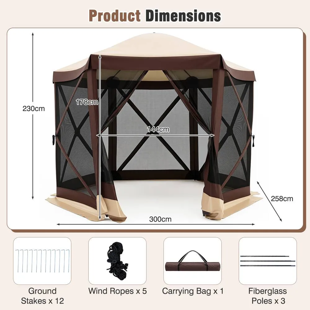 Costway Foldable Gazebo w/6 Net Sides & Zipped Door 6-Sided Garden Pavilion in Brown 2