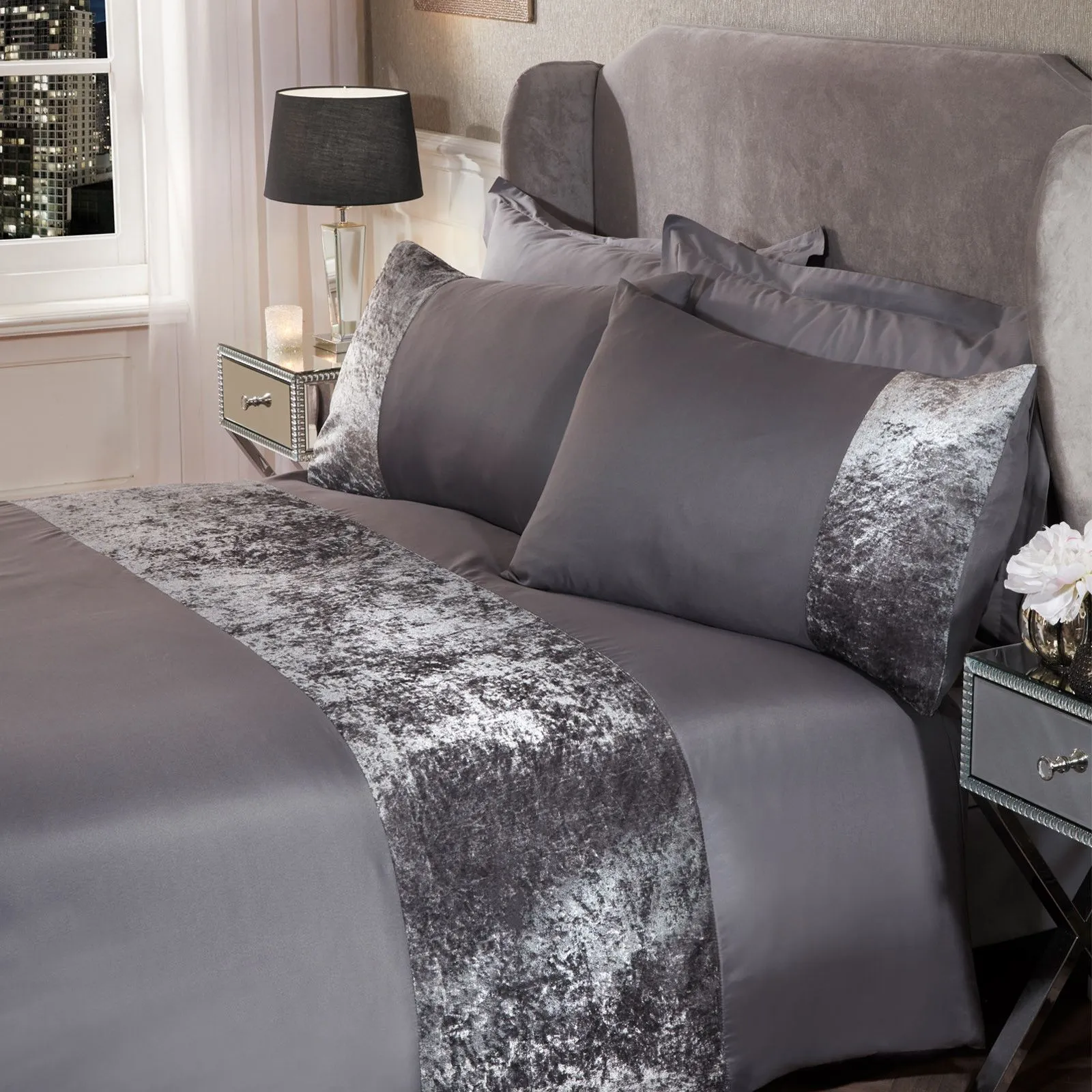 OHS Crushed Velvet Panel Duvet Cover with Pillow Case Set in Light Grey