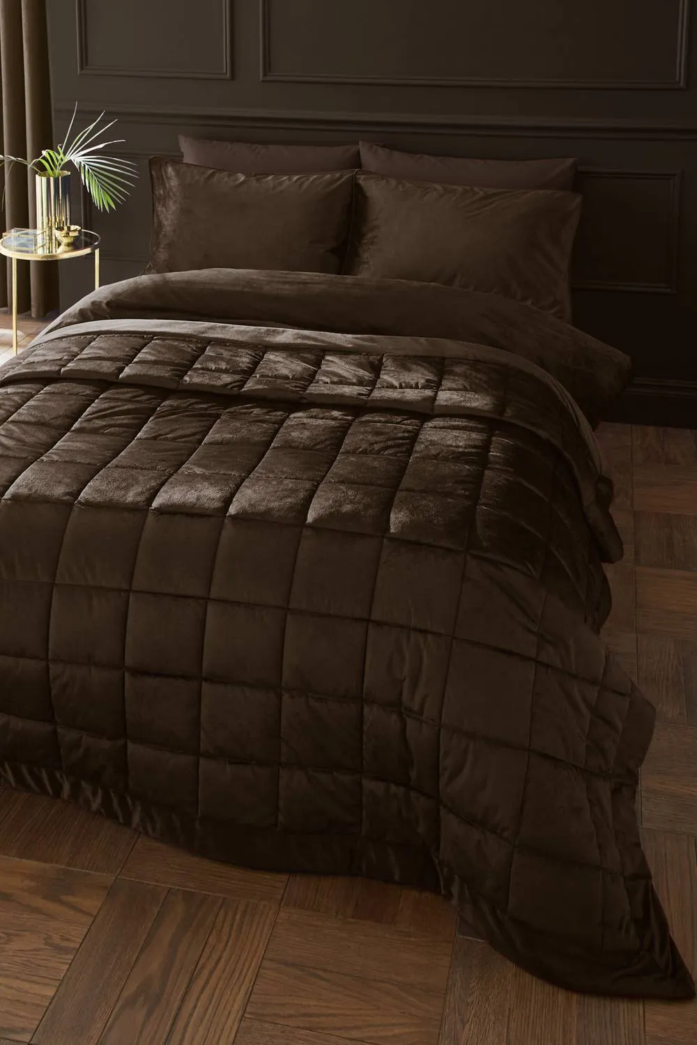 Catherine Lansfield 'Kingsley Matt Velvet' Quilted Bedspread in Chocolate 1