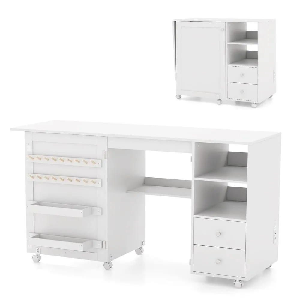 Costway Folding Sewing Table w/Charging Station Sewing Machine Cart Table-White in White