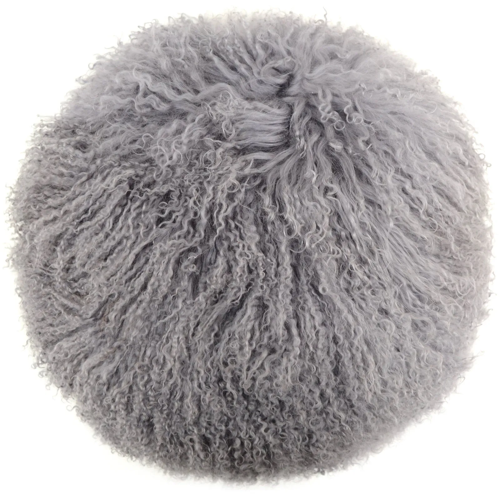 SNUGRUGS Round Mongolian Long Curly Wool Sheepskin Cushion with Inner - 40cm in Grey