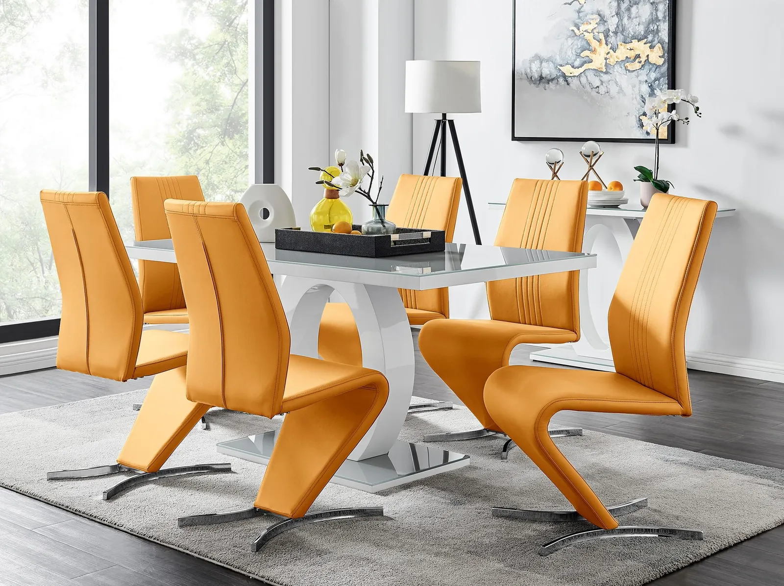FurnitureboxUK Giovani 6-Seater Grey Glass Dining Table & 6 Willow Faux Leather Dining Chairs in Mustard 1