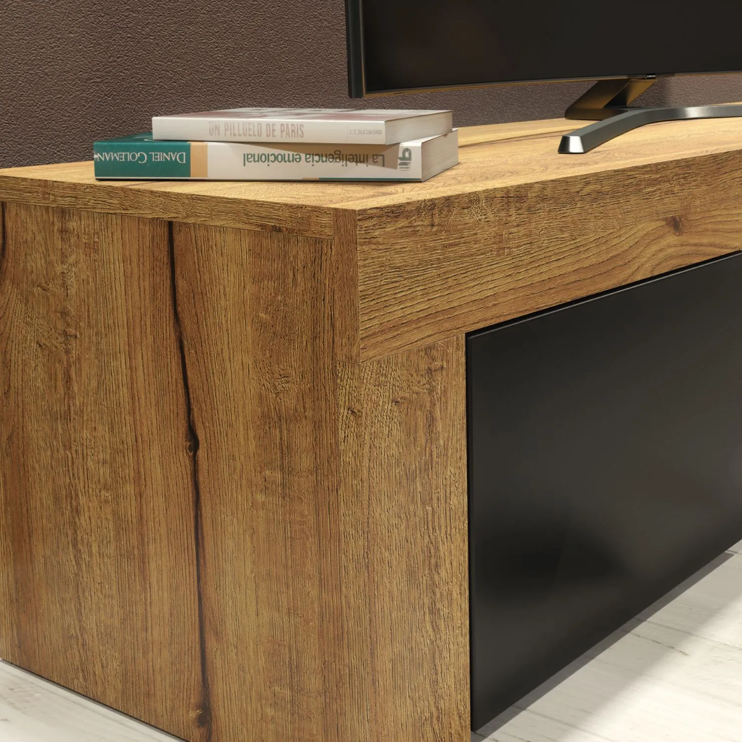 Creative Furniture Loom TV Unit 130cm Modern - Oak with Black Matt Doors in Brown 2