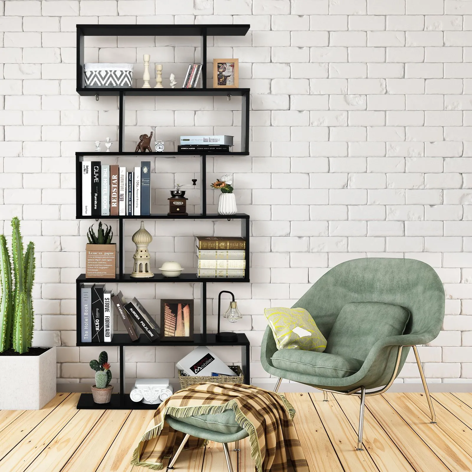 Costway 6-tier Bookcase Industrial S-Shaped Bookshelf Wooden Storage Display Rack in Black 3