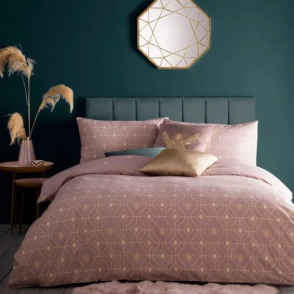 furn. Pink and Gold Bee Deco Reversible Duvet Cover and Pillowcase Set 1