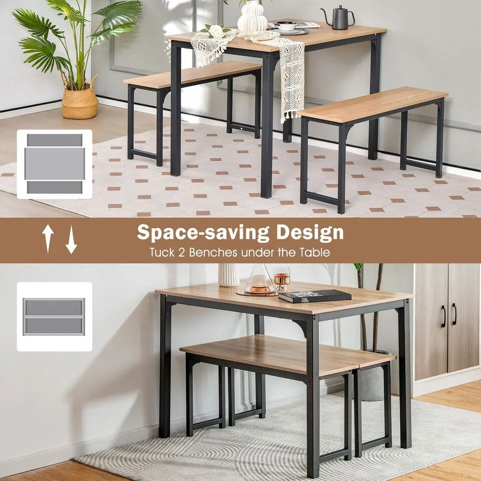 Costway 3 PCS Dining Table Set Space-Saving Kitchen Table Set w/2 Benches in Natural 5
