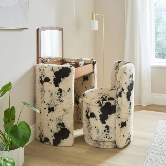 Frankie Cow Print Compact Dressing Table Set with Mirror and Stool