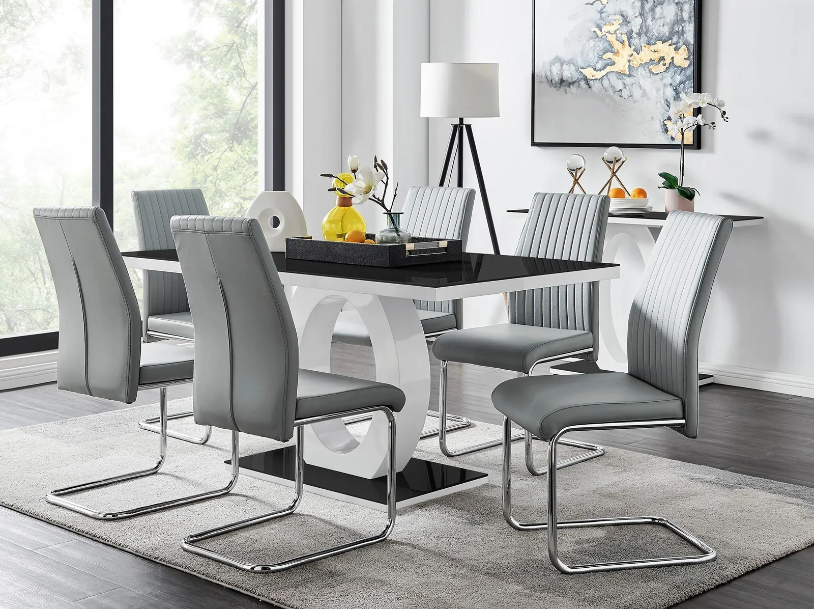 FurnitureboxUK Giovani High Gloss & Glass Dining Table & 6 Lorenzo Chairs Set in Grey 1