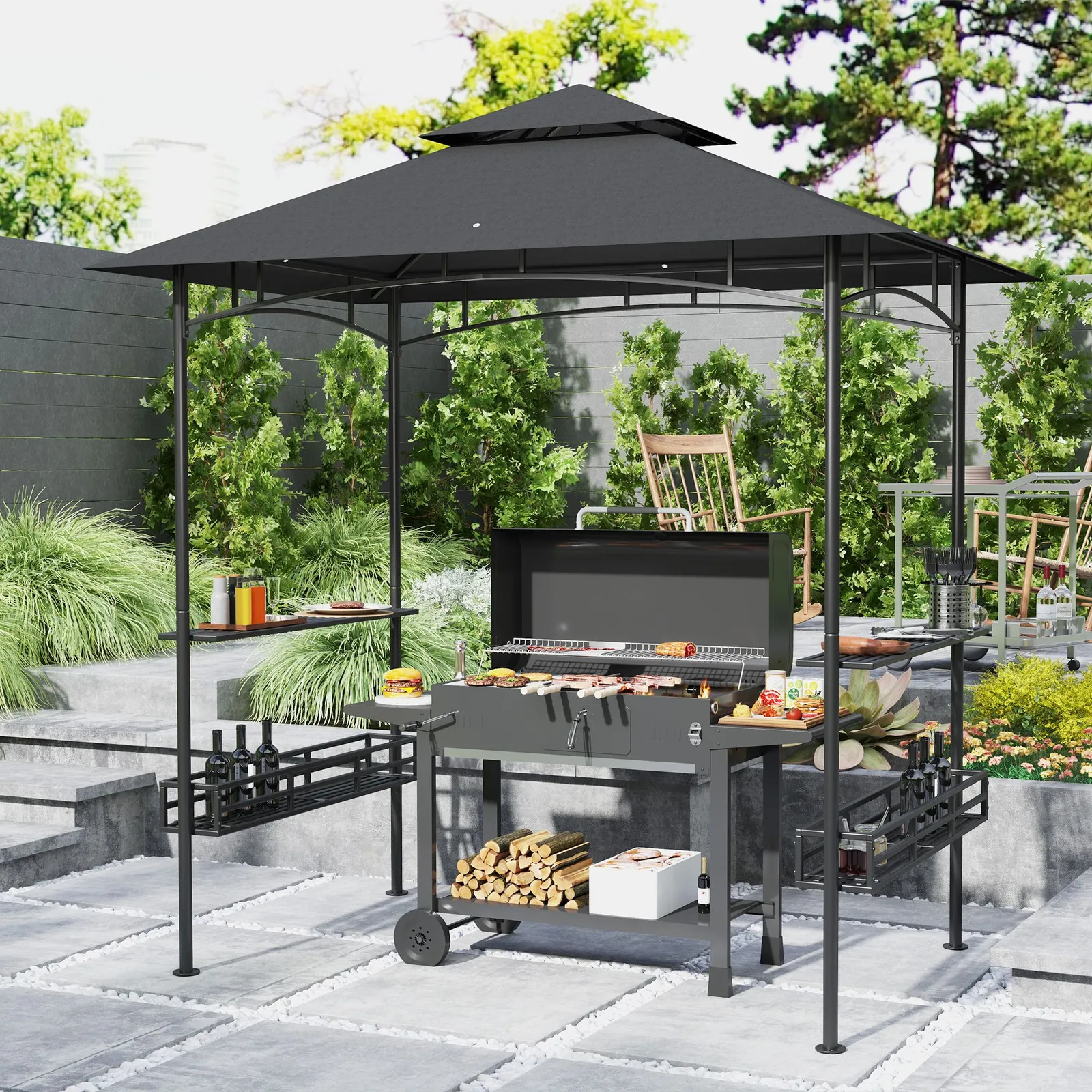 OUTSUNNY 240 x 150cm Grill Gazebo Canopy with Side Shelves, Hook, Dark Grey