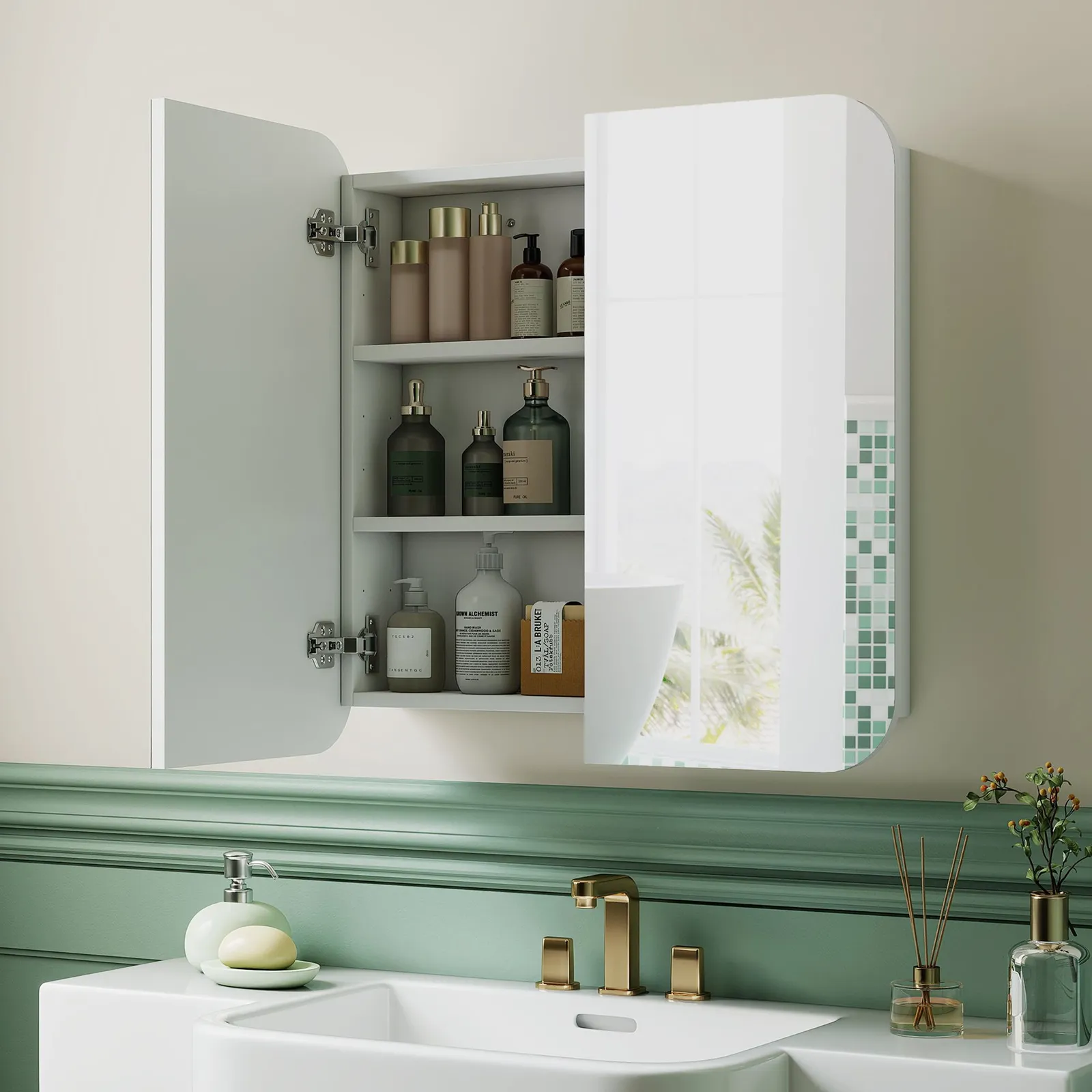 HOMCOM Arched Bathroom Mirror Cabinet, Wall Mounted Mirrored Cabinet in White