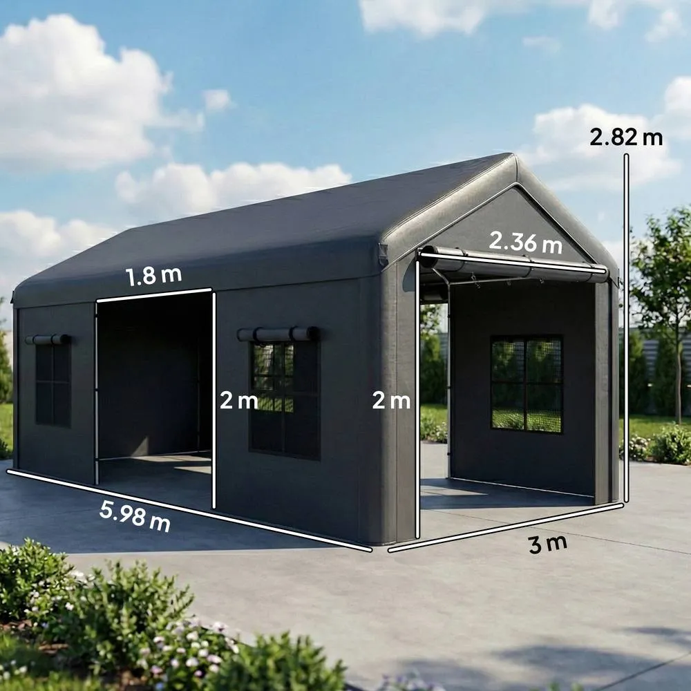 OUTSUNNY 3 x 6 m Heavy Duty Carport, Portable Garage with 3 Doors, Dark Grey 3