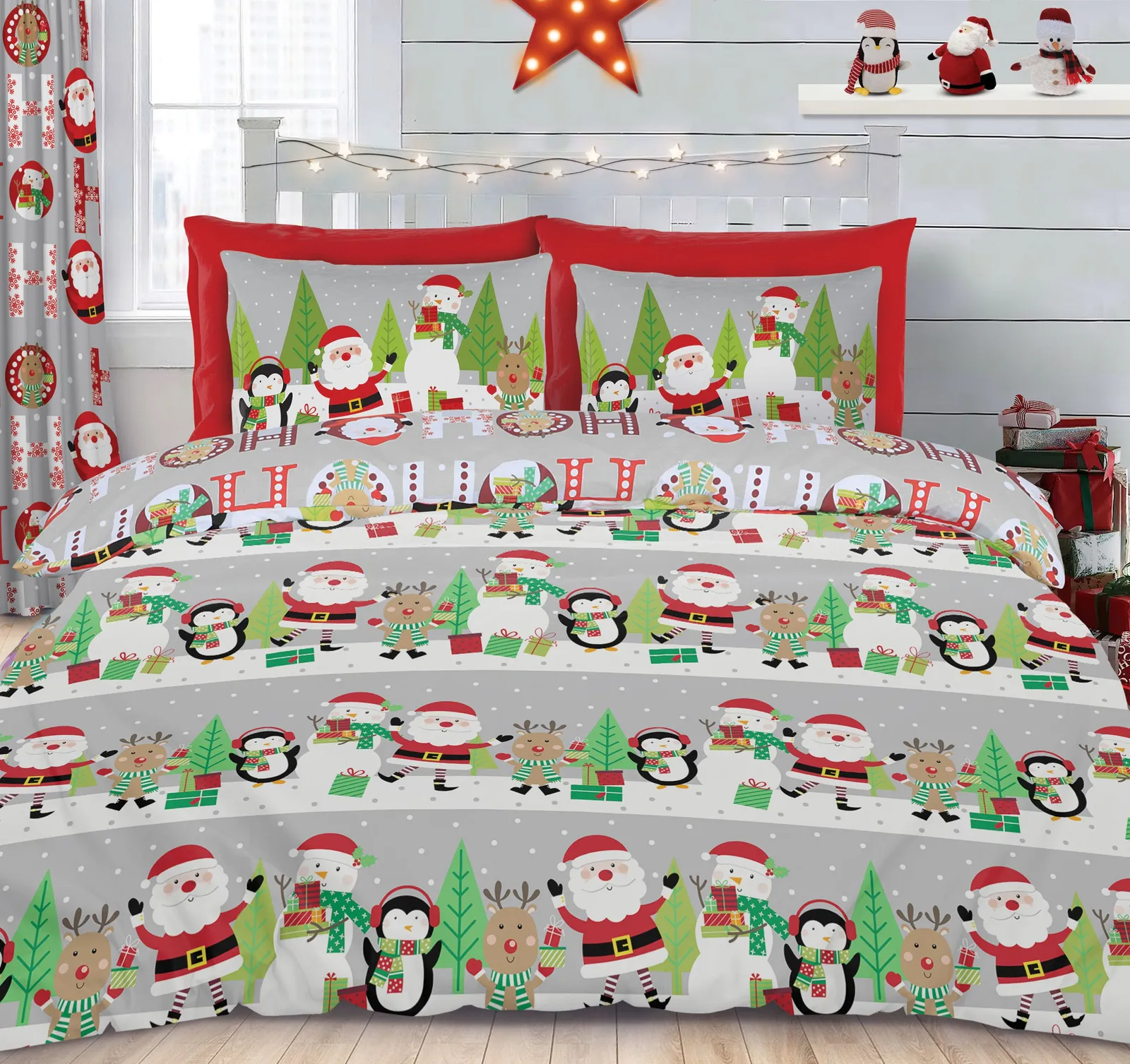 Velosso Xmas Ho Ho Cotton Rich Printed Duvet Cover & Pillowcase Set in Red