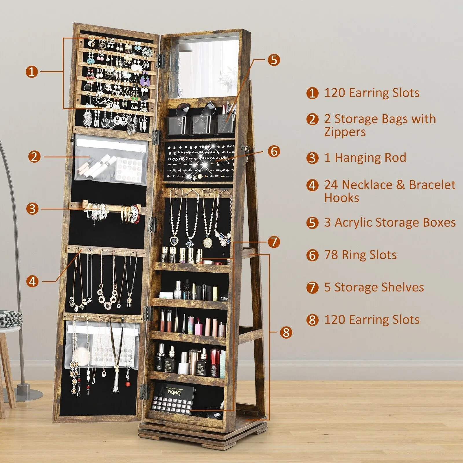 Costway 3-in-1 Rotating Mirrored Jewelry Armoire Freestanding Lockable Large Capacity Jewelry Organizer w/ Makeup Mirror in Brown 5